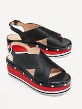 Zara Black Leather Crossover Sandals with Red Stripe Platform Size 39 US 8.5 9